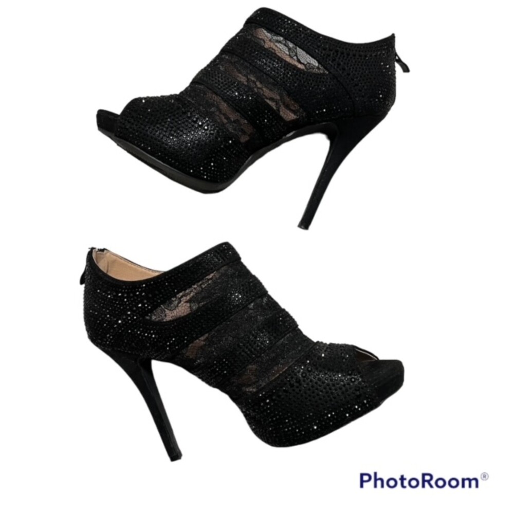 Dream Pairs Womens 10 Black Rhinestone Lace Peep Toe Stiletto Booties Heels 4.5